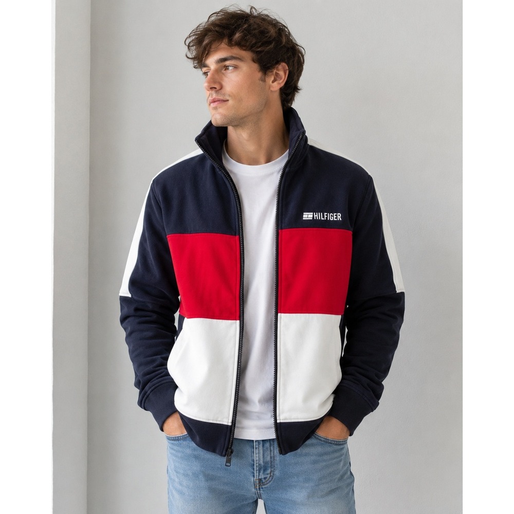 Tommy Hilfiger Sport Colorblock Full Zip Track Jacket Red Navy White Men L